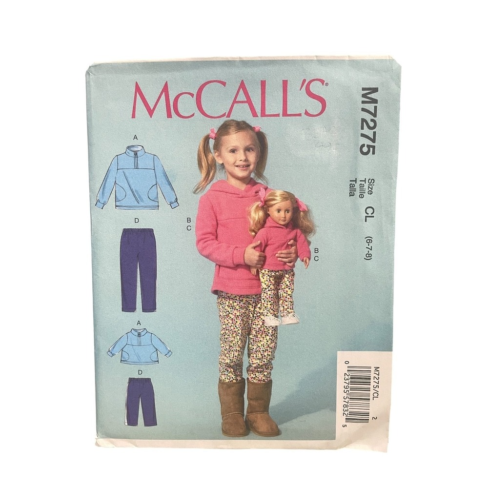 McCall's M7275 Girls' Hoodie Pants 18"‎ Doll Clothes Size CL (6-7-8) UNCUT